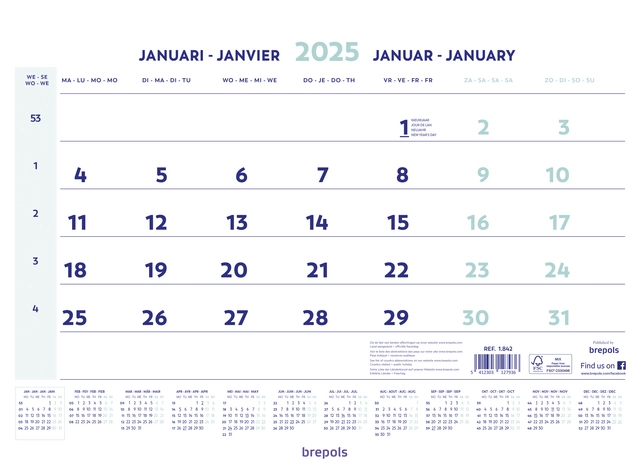 Een 1-Maandskalender 2025 Brepols 43x31.5cm koop je bij Van Hoye Kantoor BV