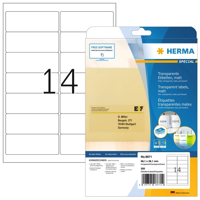 Een Etiket HERMA 8671 A4 99.1x38.1mm folie transparant mat 350st koop je bij NiceSupplies.nl