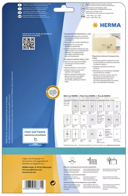 Een Etiket HERMA 8671 A4 99.1x38.1mm folie transparant mat 350st koop je bij KantoorProfi België BV