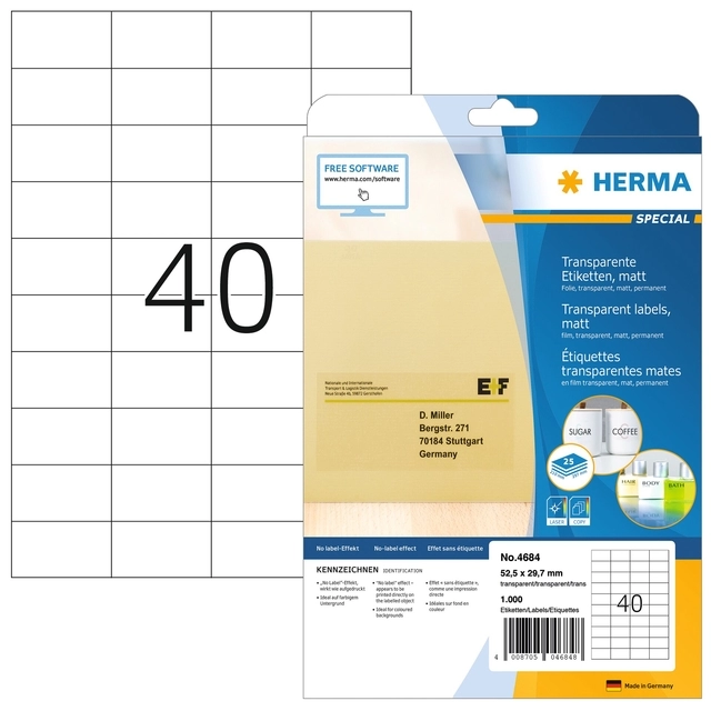 Een Etiquette HERMA 4684 A4 52,5x29,7mm 1000 pièces film transparent mat koop je bij Van Hoye Kantoor BV