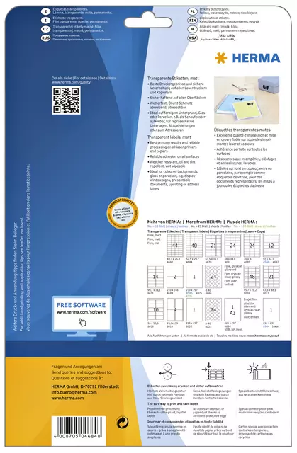 Een Etiquette HERMA 4684 A4 52,5x29,7mm 1000 pièces film transparent mat koop je bij Van Hoye Kantoor BV
