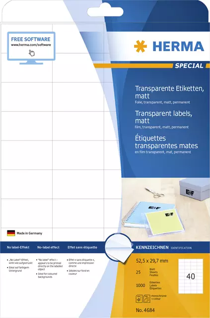 Een Etiket HERMA 4684 52.5x29.7mm A4 folie transparant mat koop je bij Alles voor uw kantoor