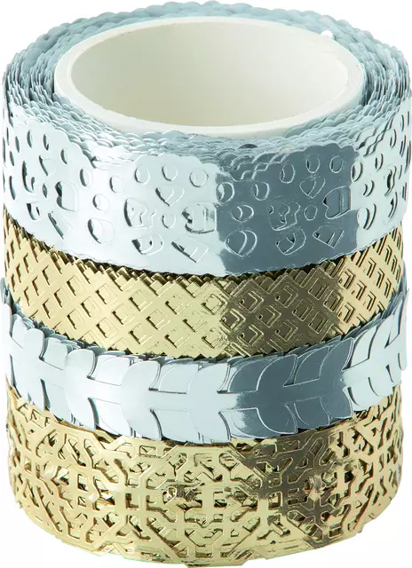 Een Washi tape Folia hotfoil zilver & goud 2x 15mmx5m 2x 10mmx5m 4 designs koop je bij MV Kantoortechniek B.V.