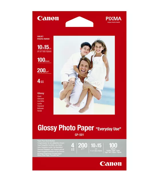 Een Inkjetpapier Canon GP-501 10x15cm 200gr glans 100vel koop je bij Van Leeuwen Boeken- en kantoorartikelen