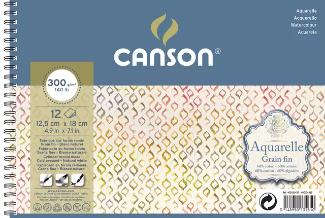 Een Aquarelblok Canson 12.5x18cm 12V 300gr fijn spiraal koop je bij EconOffice