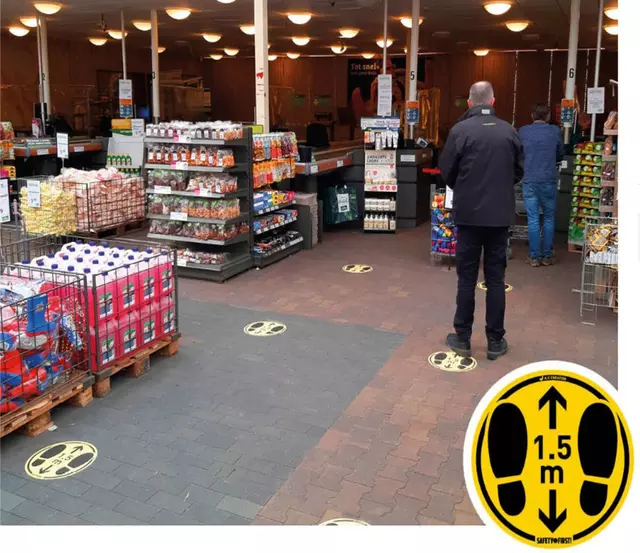 Een Vloersticker voor gladde vloeren houd afstand Ø350mm geel/zwart koop je bij Kantoorvakhandel van der Heijde