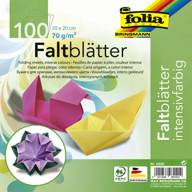 Een Origami papier Folia 70gr 20x20cm 100 vel assorti kleuren koop je bij Van Leeuwen Boeken- en kantoorartikelen