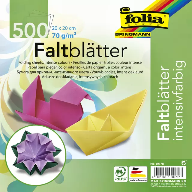 Een Origami papier Folia 70gr 20x20cm 500 vel assorti kleuren koop je bij MV Kantoortechniek B.V.