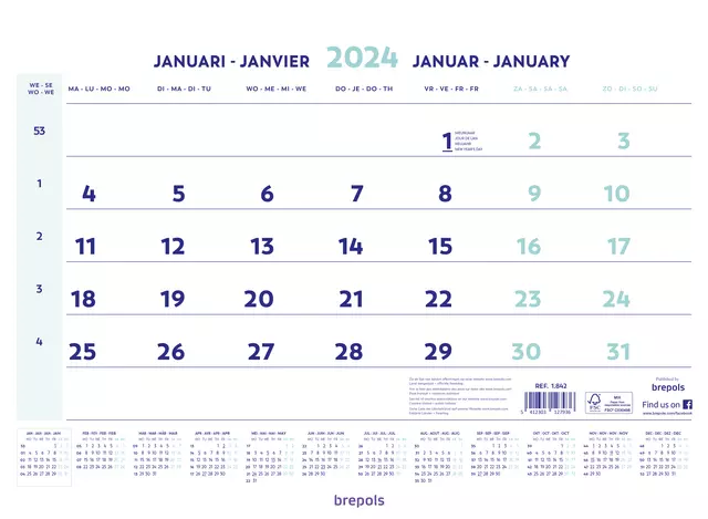 Een 1-Maandskalender 2025 Brepols 43x31.5cm koop je bij QuickOffice BV