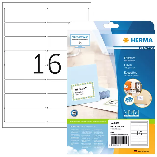 Een Etiket HERMA 5075 A4 99.1x33.8 mm premium 400stuks wit koop je bij Kantoorvakhandel van der Heijde