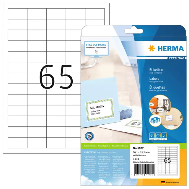 Een Etiket HERMA 5027 A4 38.1x21.2mm premium wit koop je bij Kantoorvakhandel van der Heijde