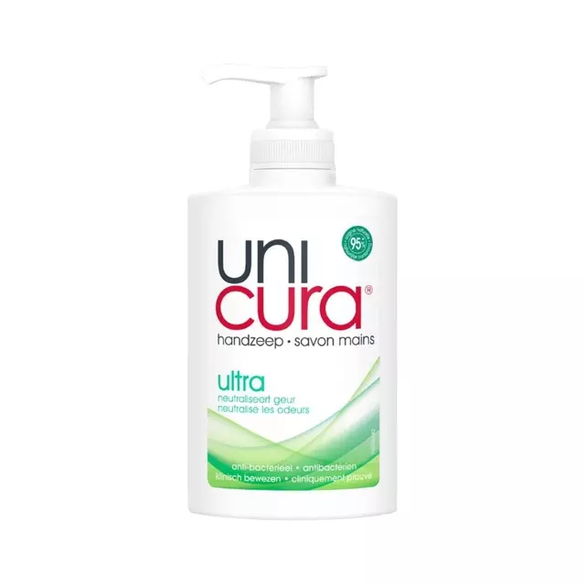 Een Handzeep Unicura vloeibaar Ultra met pomp 250ml koop je bij MV Kantoortechniek B.V.
