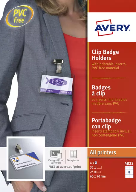 Een Badge Avery met clip 4822 60x90mm 25 stuks + 32 insteekkaarten koop je bij Kantoorvakhandel van der Heijde
