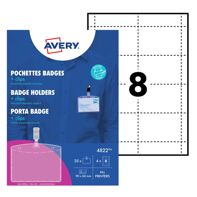 Een Badge Avery met clip 4822 60x90mm 25 stuks + 32 insteekkaarten koop je bij Ziffo Kantoorcentrum BV