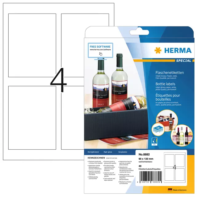 Een Etiket HERMA flessen 8882 90x120mm A4 glossy wit 40stuks koop je bij The Cartridge Company