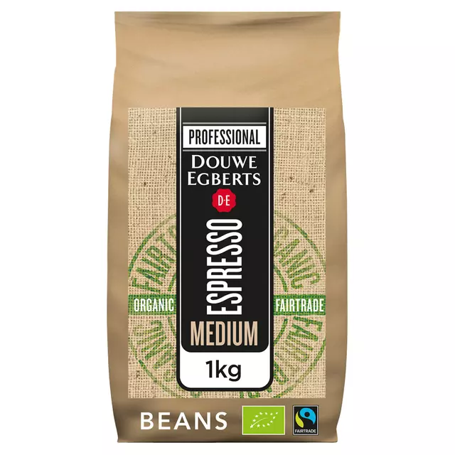 Een Koffie Douwe Egberts espresso bonen medium roast Organic en Fairtrade 1kg koop je bij EconOffice