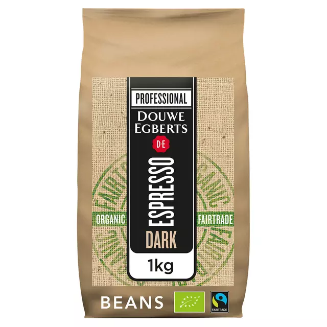 Een Koffie Douwe Egberts espresso bonen dark roast Organic & Fairtrade 1kg koop je bij Van Leeuwen Boeken- en kantoorartikelen