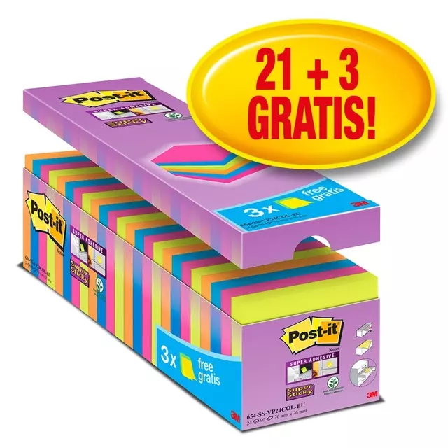 Een Memoblok Post-it 654 Super Sticky 76x76mm 21+3 gratis assorti koop je bij Van Hoye Kantoor BV