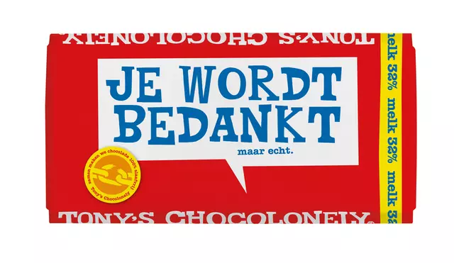 Een Chocolade Tony's Chocolonely melk bedankt reep 180gr koop je bij Van Leeuwen Boeken- en kantoorartikelen