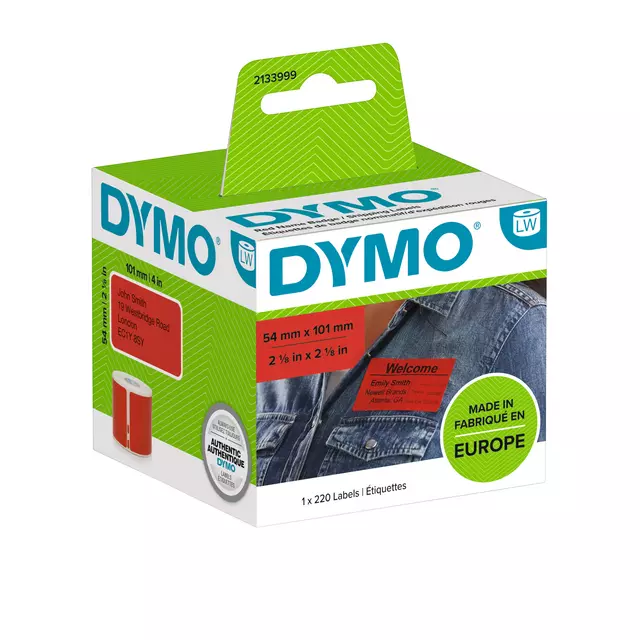 Een Etiket Dymo LabelWriter naamkaart 54x101mm 1 rol á 220 stuks rood koop je bij NiceSupplies.nl