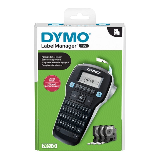 Een Labelprinter Dymo LabelManager 160 draagbaar azerty 12mm zwart valuepack koop je bij QuickOffice BV