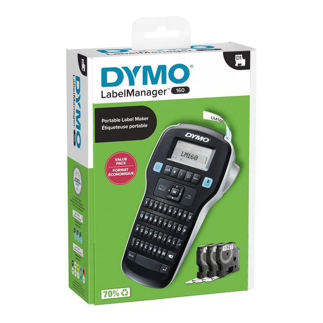 Een Labelprinter Dymo LabelManager 160 draagbaar qwerty 12mm zwart valuepack koop je bij Omnia 4 Office