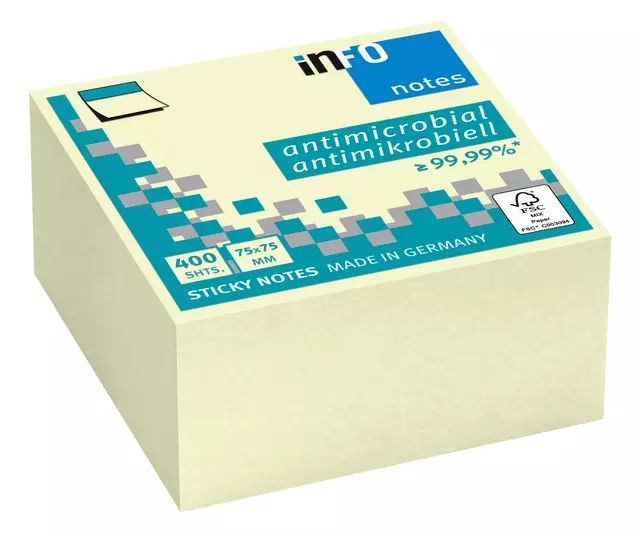 Een Memoblok info notes antimicrobiëel 400 vel 75x75mm geel koop je bij KantoorProfi België BV
