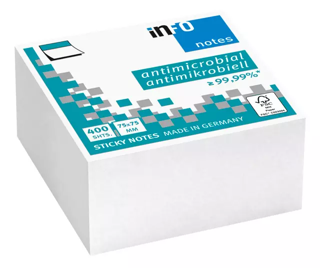 Memoblok info notes antimicrobiëel 400 vel 75x75mm wit