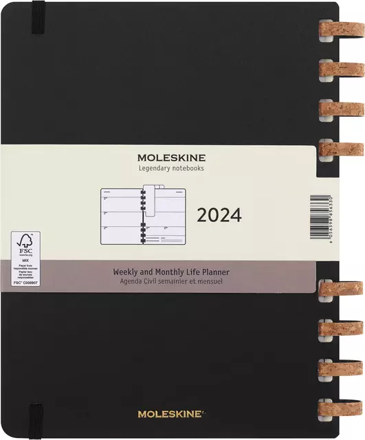 Een Life planner 2024 Moleskine 7dag/2pagina's extra large190x250mm hard cover ringen black koop je bij EconOffice