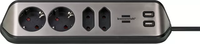Stekkerdoos Brennenstuhl bureau Estilo 4 voudig inclusief 2 USB 2 meter zwart/zilver