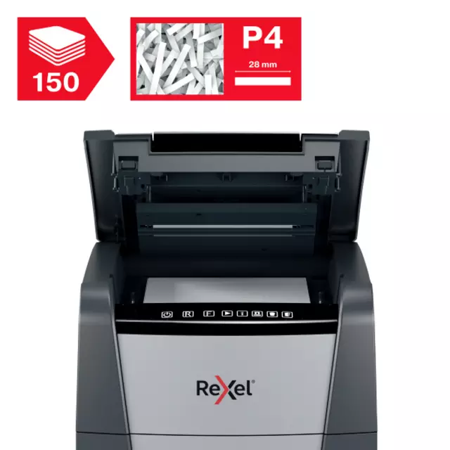 Een Papiervernietiger Rexel Optimum Auto+ 150X P4 snippers 4x28mm koop je bij QuickOffice BV