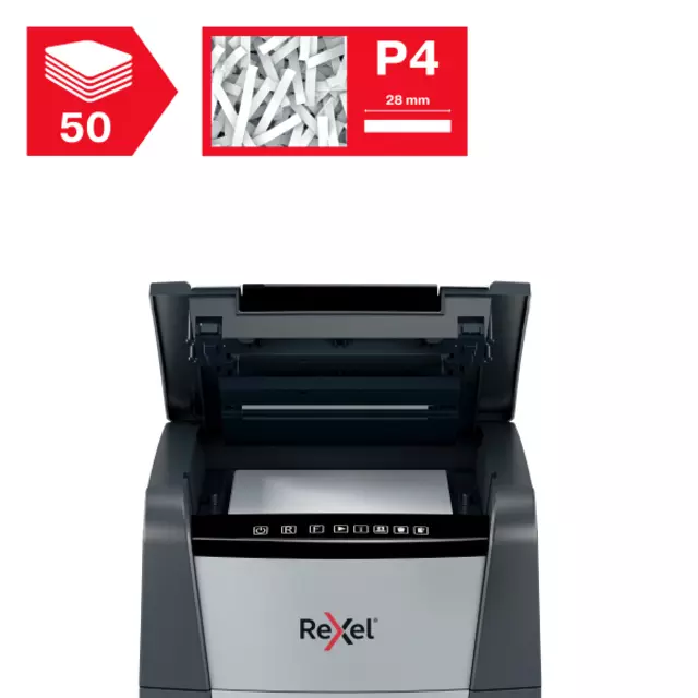 Een Papiervernietiger Rexel Optimum Auto+ 50X P4 snippers 4x28mm koop je bij EconOffice