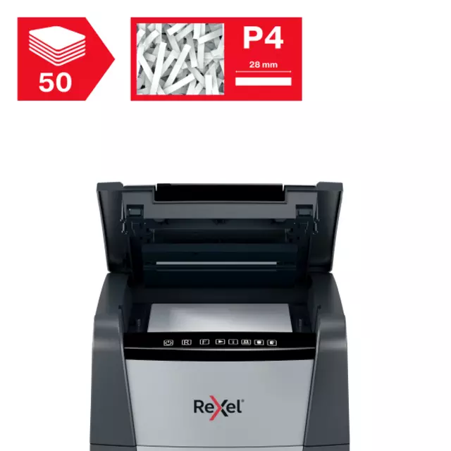 Een Papiervernietiger Rexel Optimum Auto+ 50X P4 snippers 4x28mm koop je bij QuickOffice BV