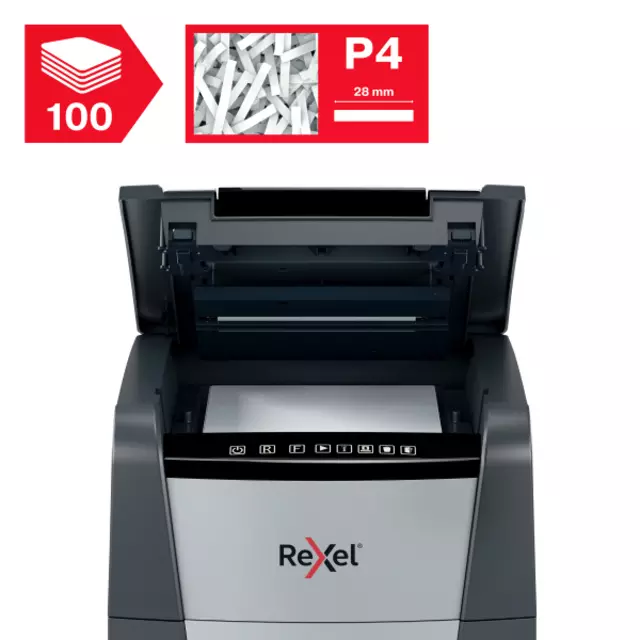 Een Papiervernietiger Rexel Optimum Auto+ 100X P4 snippers 4x28mm koop je bij EconOffice