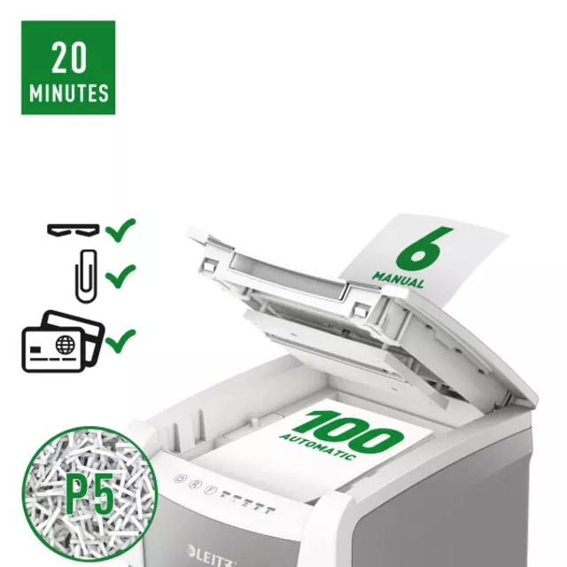 Een Papiervernietiger Leitz IQ Auto+ Small Office 100 P5 snippers 2x15mm koop je bij Van Leeuwen Boeken- en kantoorartikelen