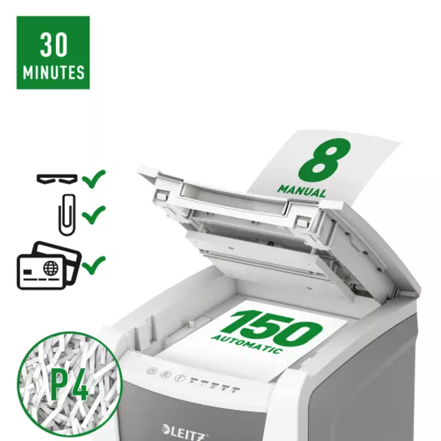 Een Papiervernietiger Leitz IQ Auto+ Office 150 P4 snippers 4x28mm koop je bij KantoorProfi België BV