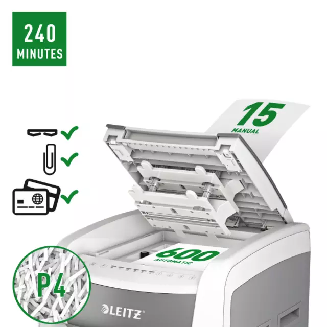 Een Papiervernietiger Leitz IQ Auto+ Pro 600 P4 snippers 4x28mm koop je bij QuickOffice BV