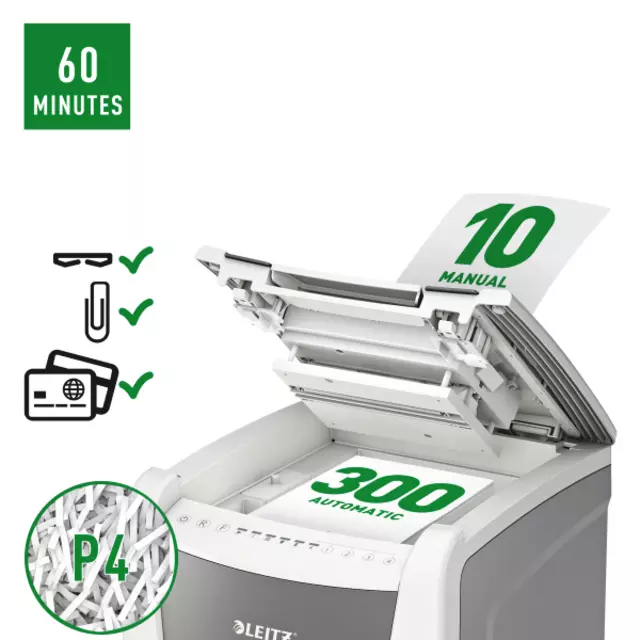 Een Papiervernietiger Leitz IQ Auto+ Office 300 P4 snippers 4x28mm koop je bij Kantoorvakhandel van der Heijde