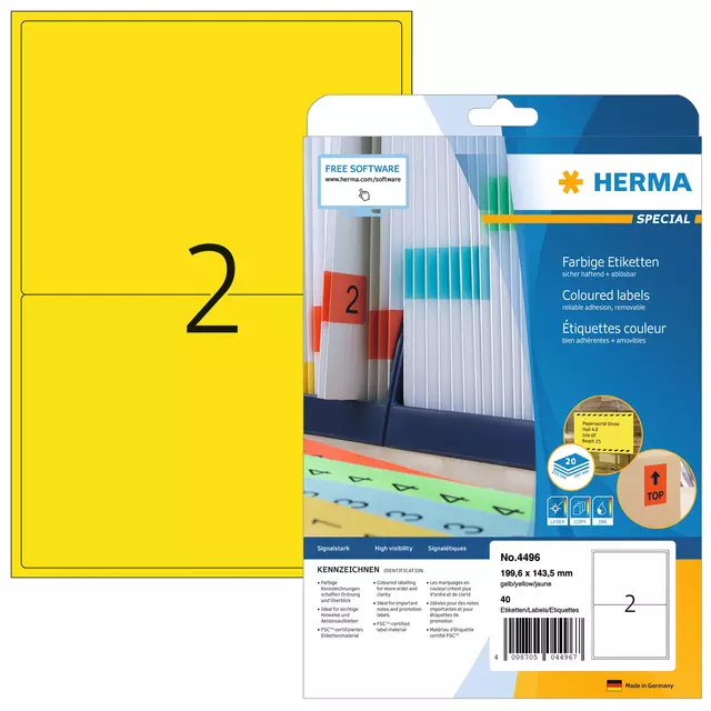 Een Etiket HERMA 4496 199.6x143.5mm geel 40stuks koop je bij KantoorProfi België BV
