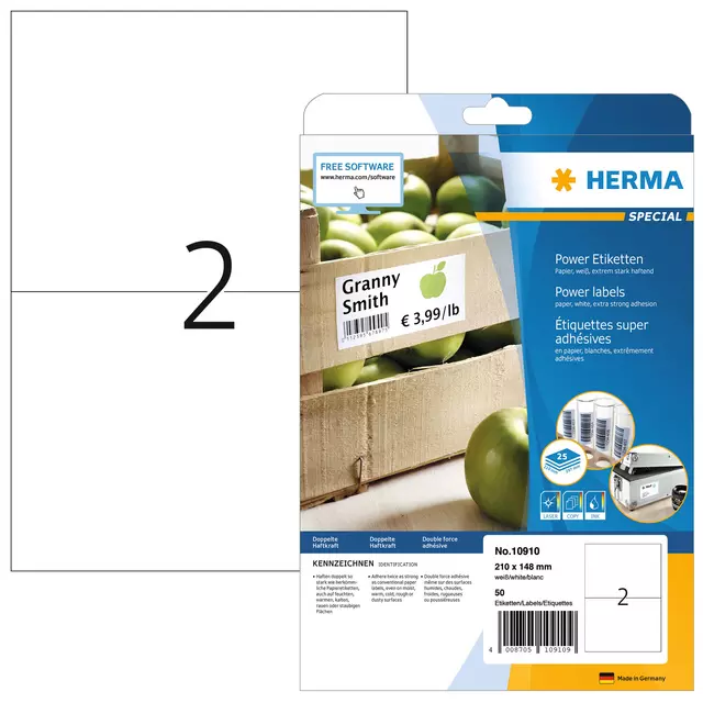 Een Etiket HERMA Power 10910 210x148mm wit 50stuks koop je bij Unimark Office B.V.