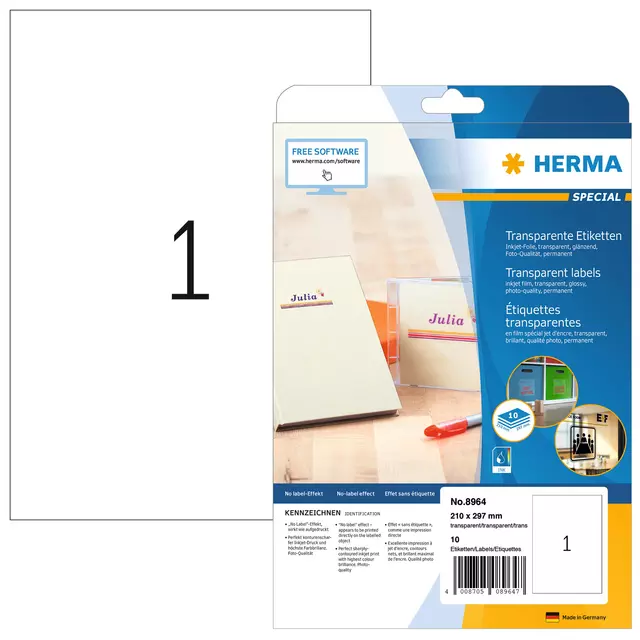 Een Etiket HERMA 8964 210x297mm transparant glanzend 10stuks koop je bij Totaal Kantoor Goeree
