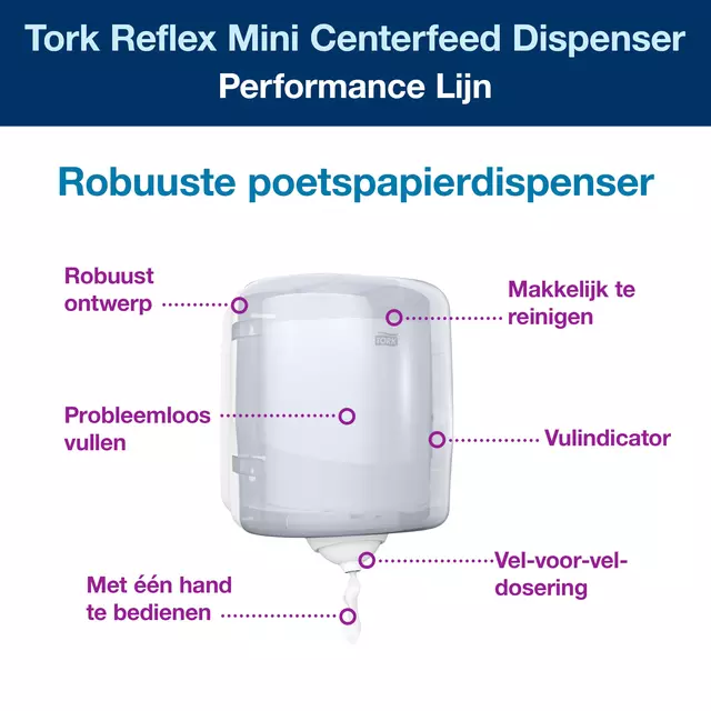 Een Poetsroldispenser Tork Reflex™M4 vel-voor-vel performancelijn wit 473190 koop je bij Van Hoye Kantoor BV