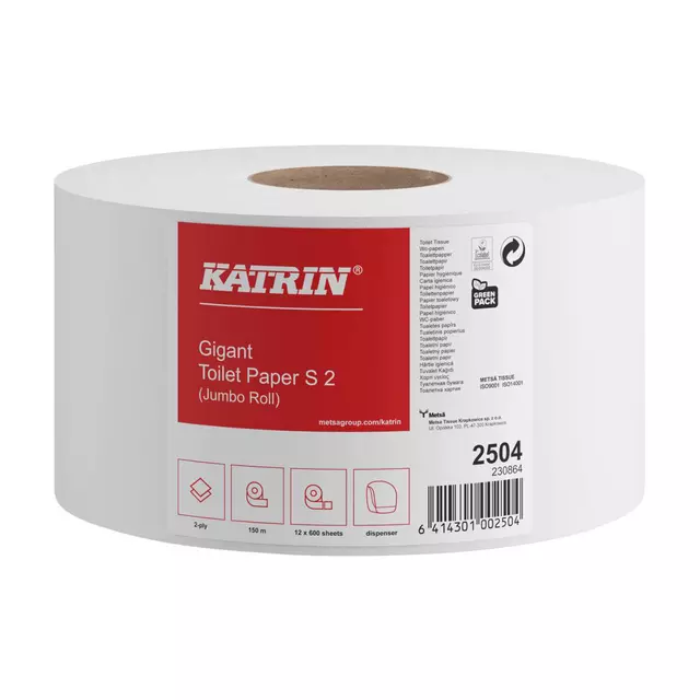 Een Toiletpapier Katrin Gigant S2 2-laags 600vel wit koop je bij Van Hoye Kantoor BV