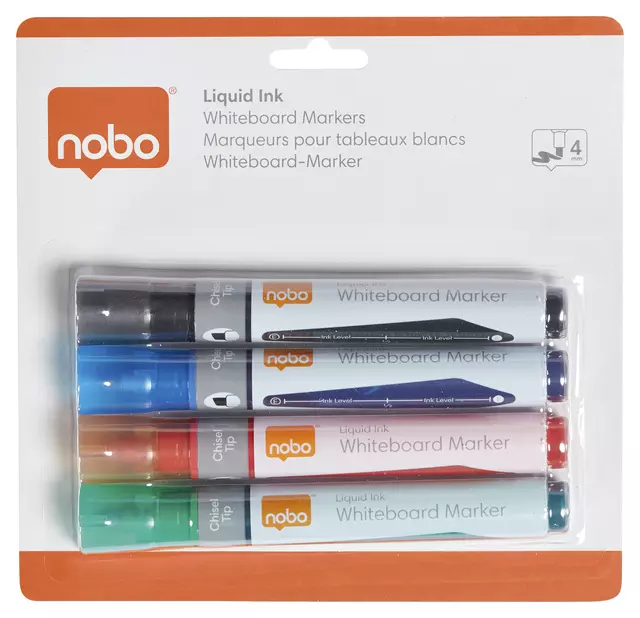 Een Viltstift Nobo whiteboard Liquid ink schuin assorti 4mm 4st koop je bij Van Hoye Kantoor BV