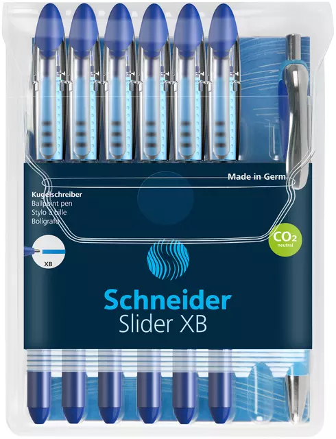 Een Rollerpen Schneider Slider Basic extra breed blauw met 1 balpen Rave gratis koop je bij MV Kantoortechniek B.V.