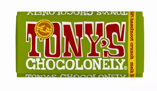 Een Chocolade Tony's Chocolonely melk hazelnoot crunch reep 180gr koop je bij KantoorProfi België BV