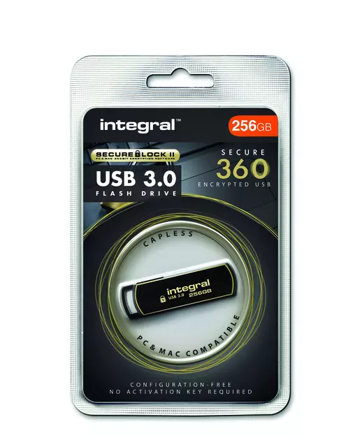 Een USB-stick Integral 3.0 Secure 360 256GB zwart koop je bij EconOffice