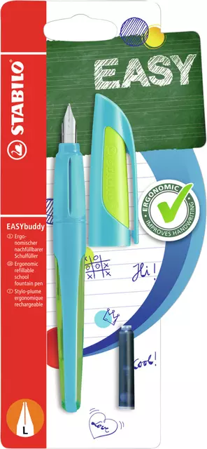 Een Vulpen StABILO Easybuddy linkshandig large blauw/limoen blister à 1 stuk koop je bij EconOffice