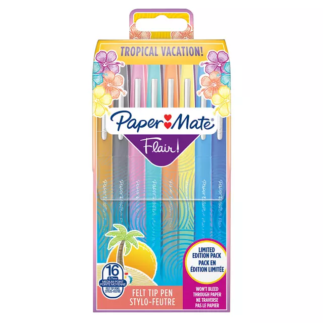 Een Fineliner Paper Mate Flair Tropical Vacation! medium assorti blister à 16 stuks koop je bij Goedkope Kantoorbenodigdheden