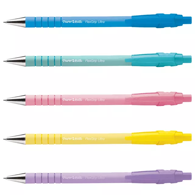 Een Balpen Paper Mate Flexgrip Ultra pastel medium schrijfkleur blauw blister à 5 stuks koop je bij Kantoorvakhandel van der Heijde